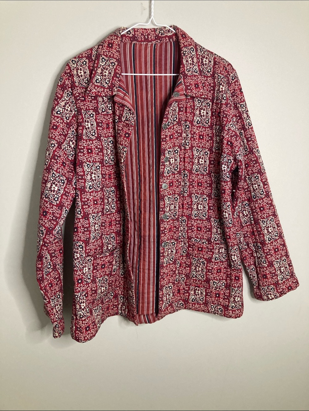 Source Unknown Red Patterned Open-Front Blazer Jacket Quilted Boho